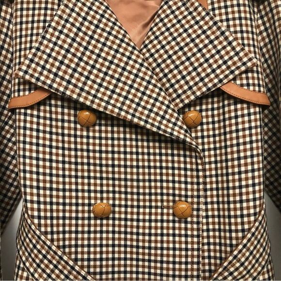 Nina Ricci Trench Coat Heritage Checkered Printed Wool Leather Trim Belted 42 - Picture 6 of 13